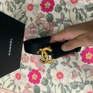 Chanel Women’s Black Leather Belt with gold Buckle